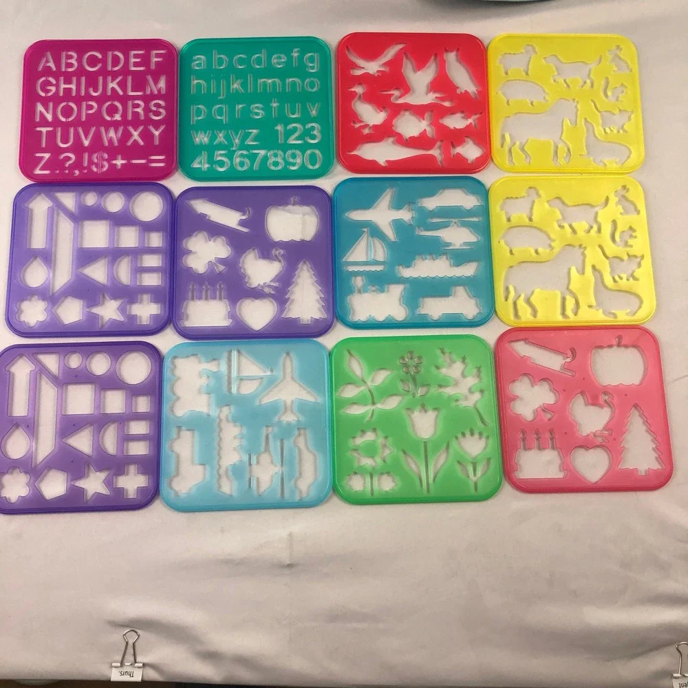 Vintage Tupperware Stencil Art Set 13 Piece Animals Letters Numbers Shapes Multi